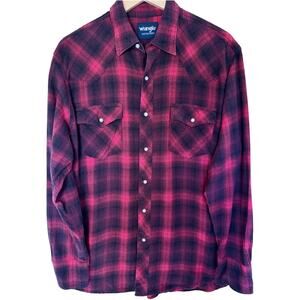 Wrangler Western Flannel Shirt Mens Large Red Black Plaid Snap Button